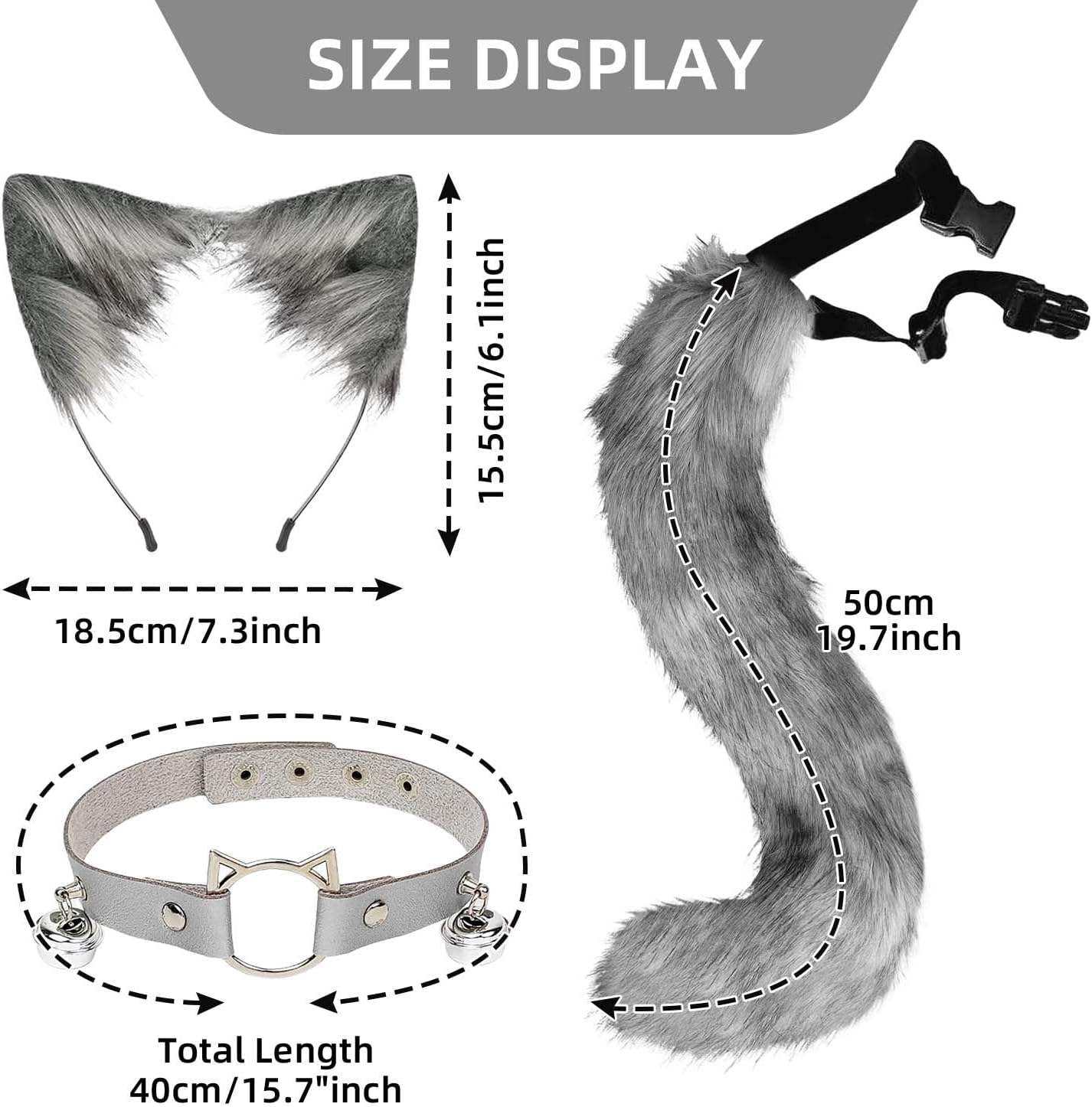 Cat Wolf Ears, 3Pcs Furry Fox Ears Tail Collar Costume Set, Faux Fur Animals Ears Headband for Halloween Accessories
