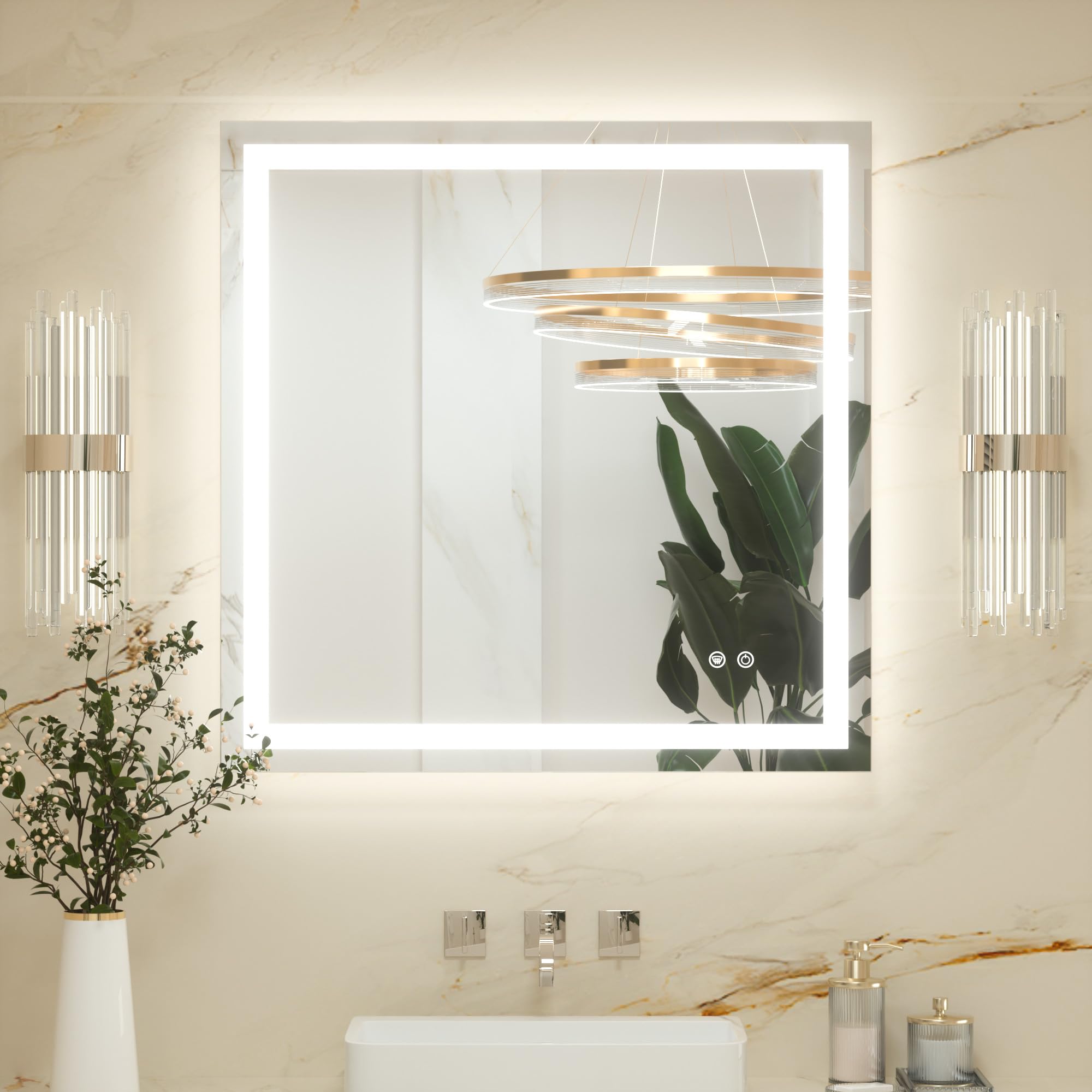 Keonjinn 80x80cm Bathroom Mirror with LED Lights, Antifog Vanity Mirror with Lights Back and Front Lit 3 Colour Dimmable Illuminated Wall Mounted Rectangle Digital Mirrors Horizontal/Vertical