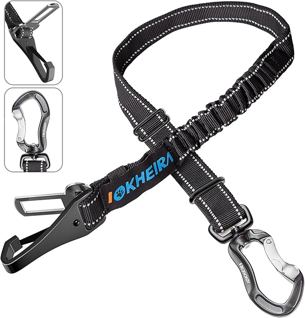 IOKHEIRA Dog Seat Belts for Cars uk, Adjustable Dog Car Harness with Anti Shock Bungee Buffer, Heavy Duty Carabiner Clip, Dog Seatselt Isofix (Black)