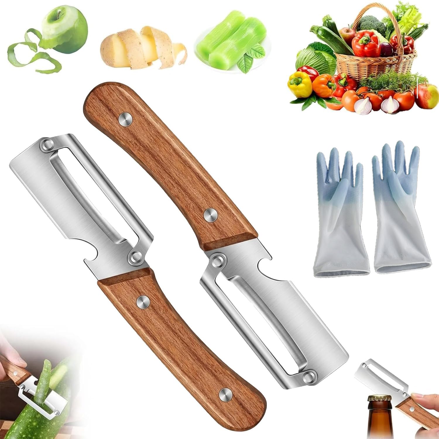 2 Pack Multifunctional Vegetable Peeler, Stainless Steel Blade Peeler with Wooden Handle, Built-in Bottle Opener, Non‑Slip Fruit Peeler for Kitchen, Ideal for Apple, Potato, Pumpkin, Papaya & More