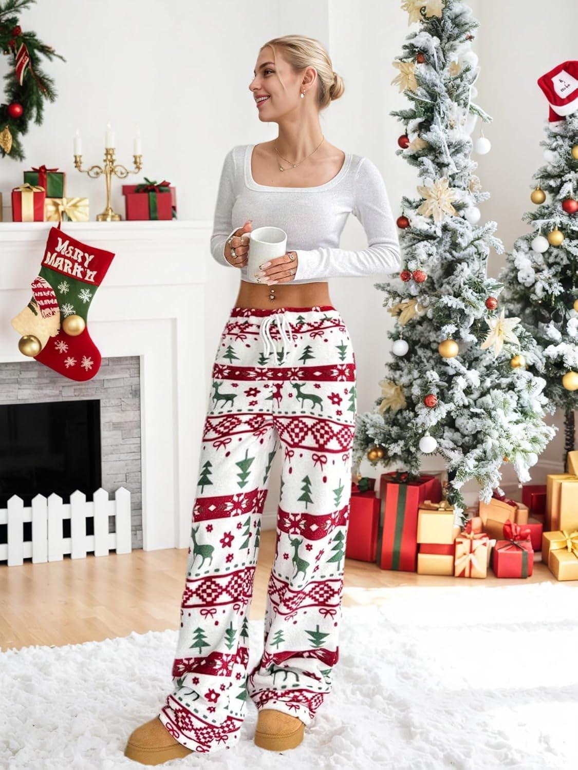 Womens Cheetah Print Fuzzy Fleece Pajama Pants Y2K Leopard Pants with Pockets Elastic Waist Fall Winter Warm Pj Bottoms - Image 5