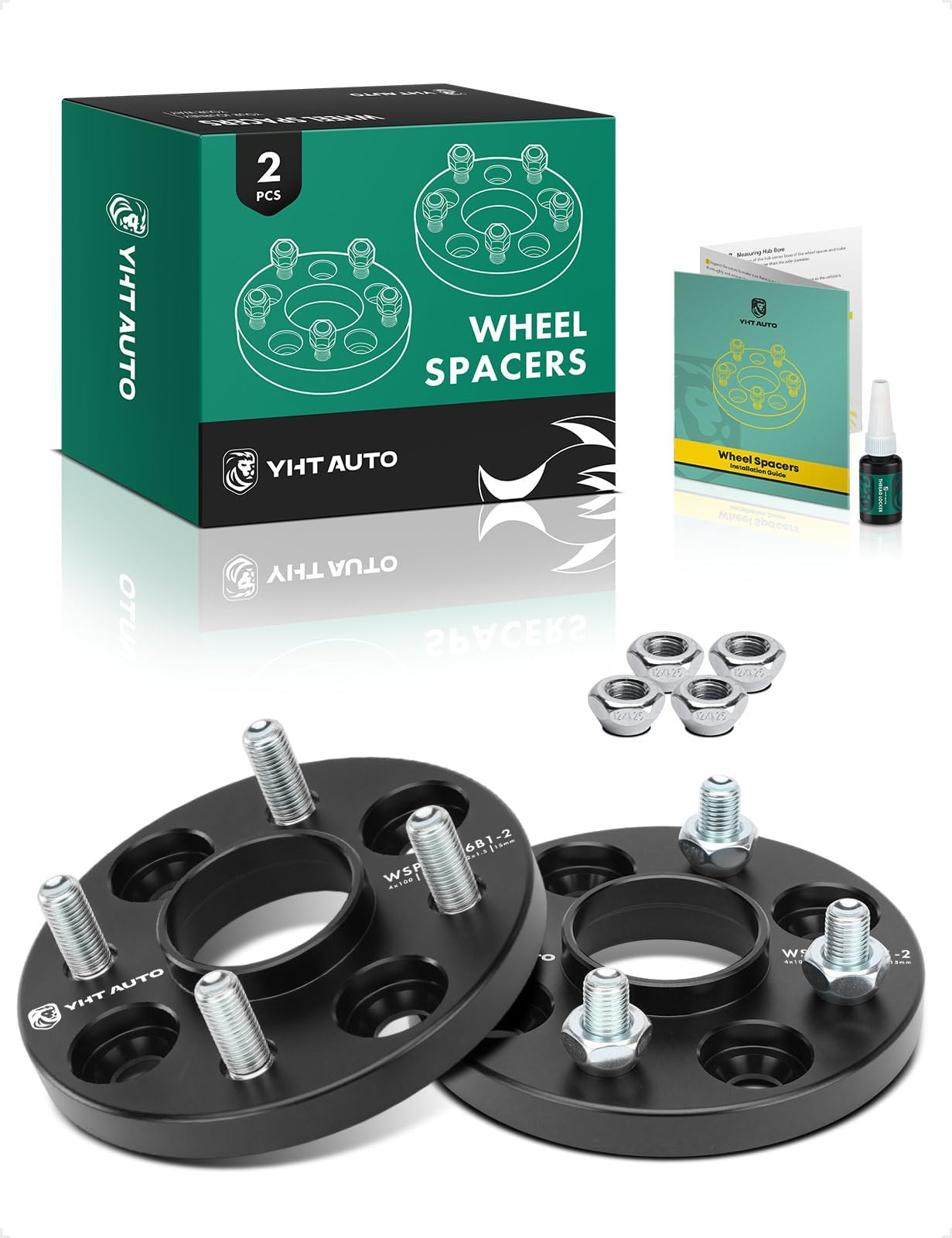 YHTAUTO 4X100mm Hub Centric Wheel Spacers 15 mm Compatible with Honda, Acura, Kia & Mitsubishi Models, Integra, CRX, Wheel Tire Spacers w/ M12x1.5 Studs, 56.1mm Hub Bore 4 Lug 2PCS Black