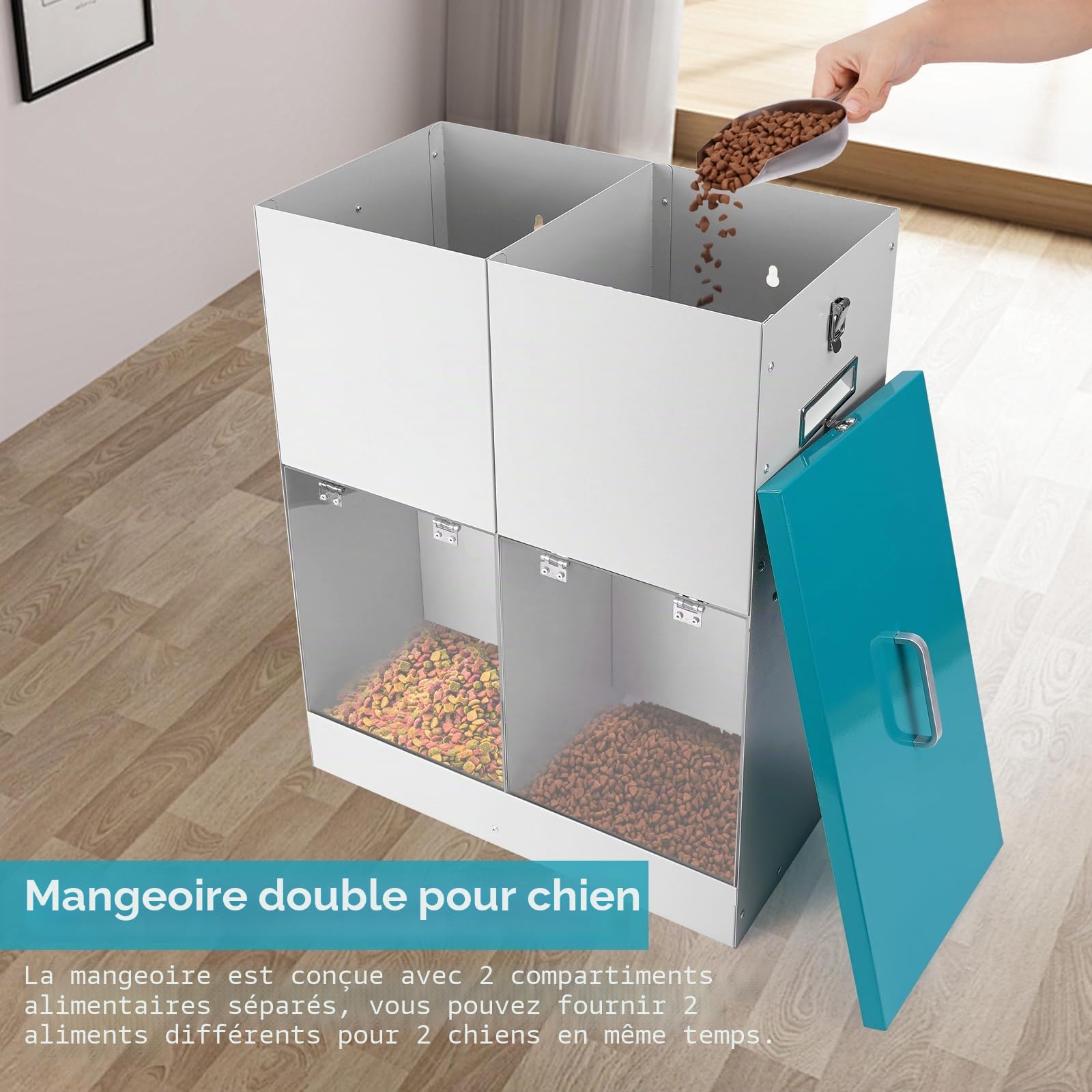 Mangeoire Automatique pour 2 Chiens, Distributeur de Nourriture Galvanisé d'une Capacité de 46lbs, Double Mangeoire pour Animaux de Compagnie pour L'extérieur et L'intérieur