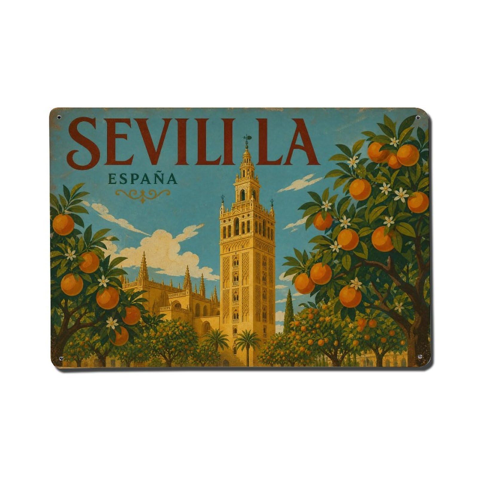 Yrnq 08X12inch Vintage Style Vintage Giralda Tower Orange Trees Cathedral Garden Spain Metal Tin Sign
