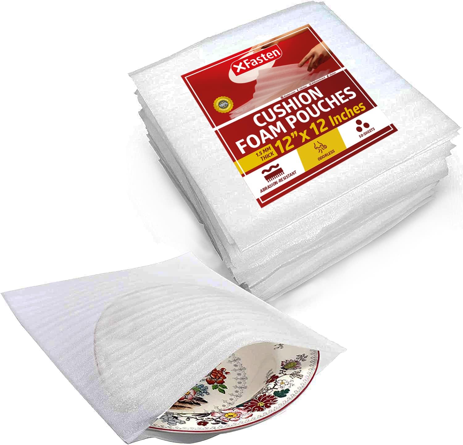 XFasten Cushion Foam Pouch as China, Dish Wrap and Glassware Packing Supply, 12-Inch by 12-Inch, Pack of 50, for Packing, Moving, Storage Cushioning Supplies for Moving