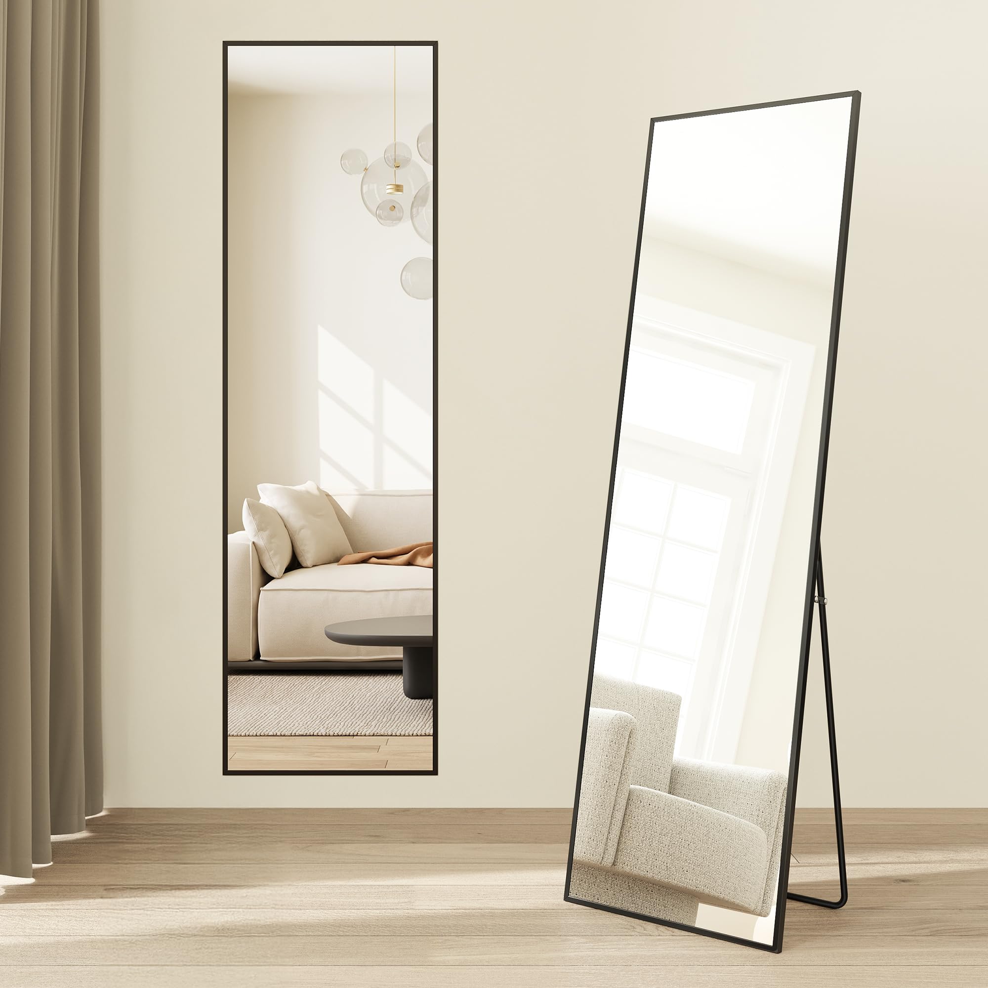 SONGMICS Ganzkörperspiegel, 150 x 40 cm, rechteckiger Standspiegel, Rahmen aus Aluminiumlegierung, Hartglas, quadratische Ecke, für Schlafzimmer, Wohnzimmer, Garderobe, tintenschwarz LFM054BD01