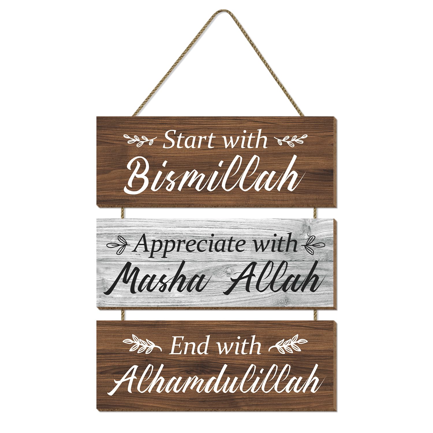 CAKIROTS Islamic Wall Decor - Start with Bismillah, Appreciate with MashaAllah, End with Alhamdulillah, Rustic Wood Bismillah Wall Decor Islamic Decorations for Home Islamic Home Decor Gift, white