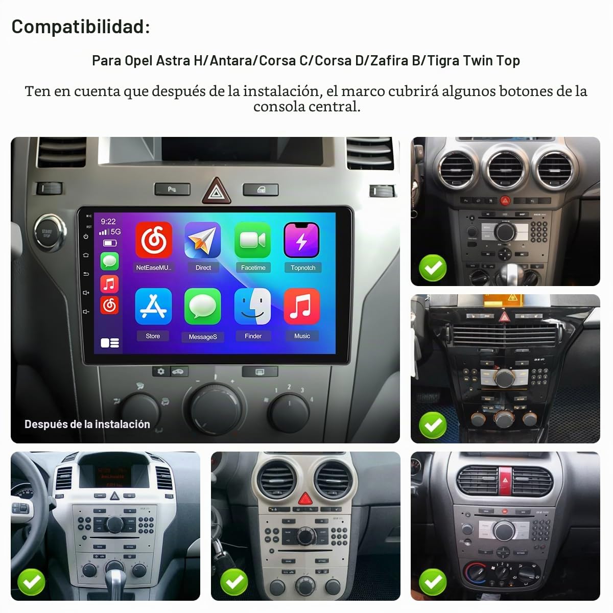 2+64G Android Radio Coche para Opel Astra H,Zafira B,Corse C D Inalámbrico Carplay Android Auto, 9 Pulgadas de Pantalla Táctil Radio con WiFi/Bluetooth/GPS/Cámara de Seguridad