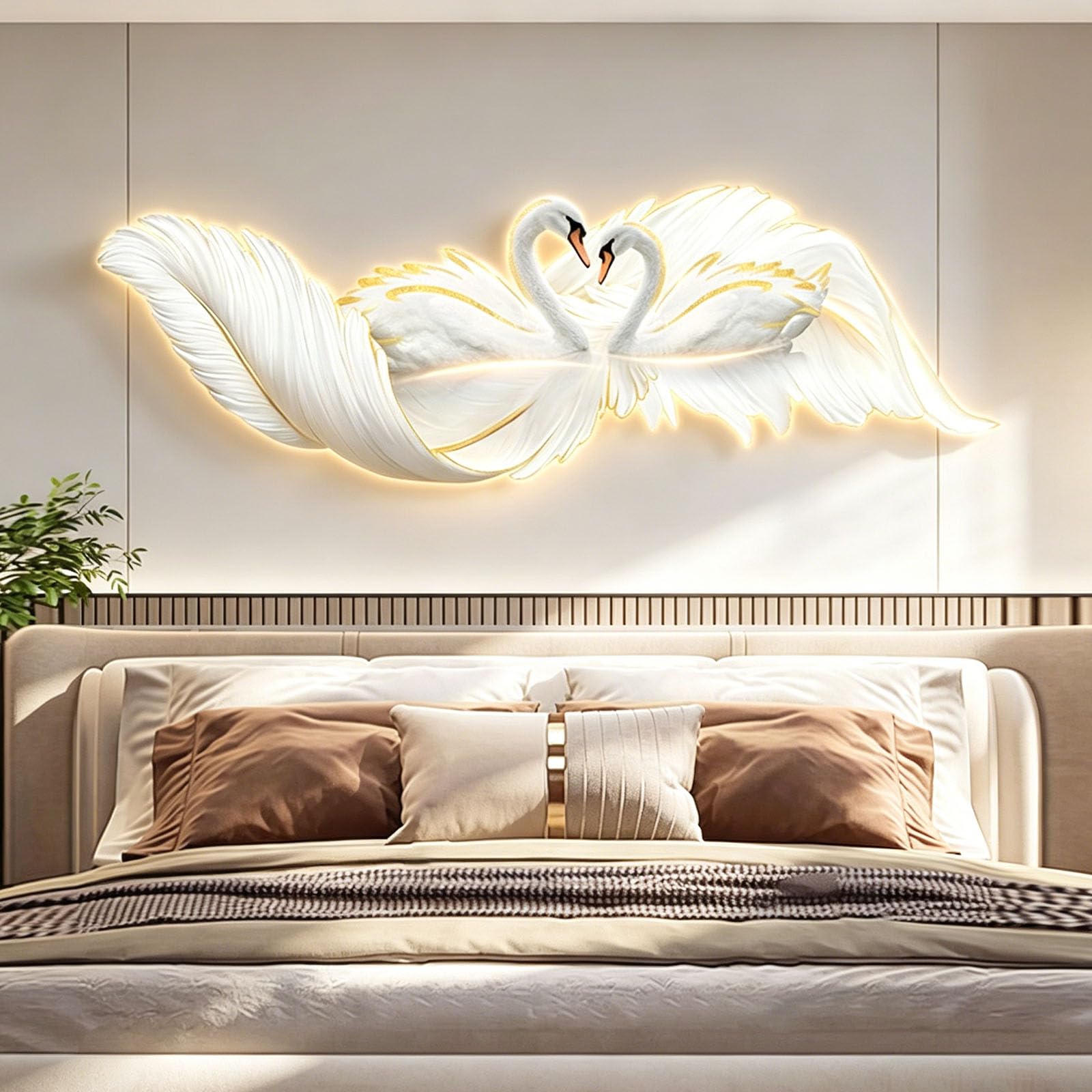 JSLXNDM 3D LED Wall Art Sculpture Lighted Decor, Modern Wall Art Feather & Deer Painting, Decorative Backlit Wall Hanging for Living Room, Bedroom Entryway Hallway C 47.2" × 15.7" (120×40 cm)
