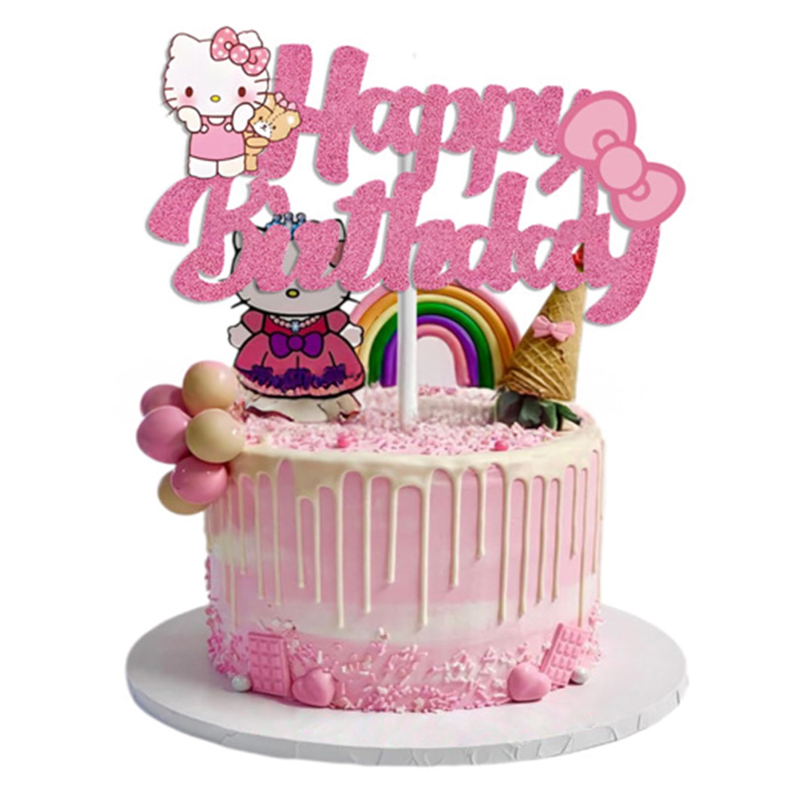 Cute Birthday Cake Decorations, Happy Birthday Cake Topper Glitter, Cartoon Theme Party Cake Decorations Supplies (Pink)