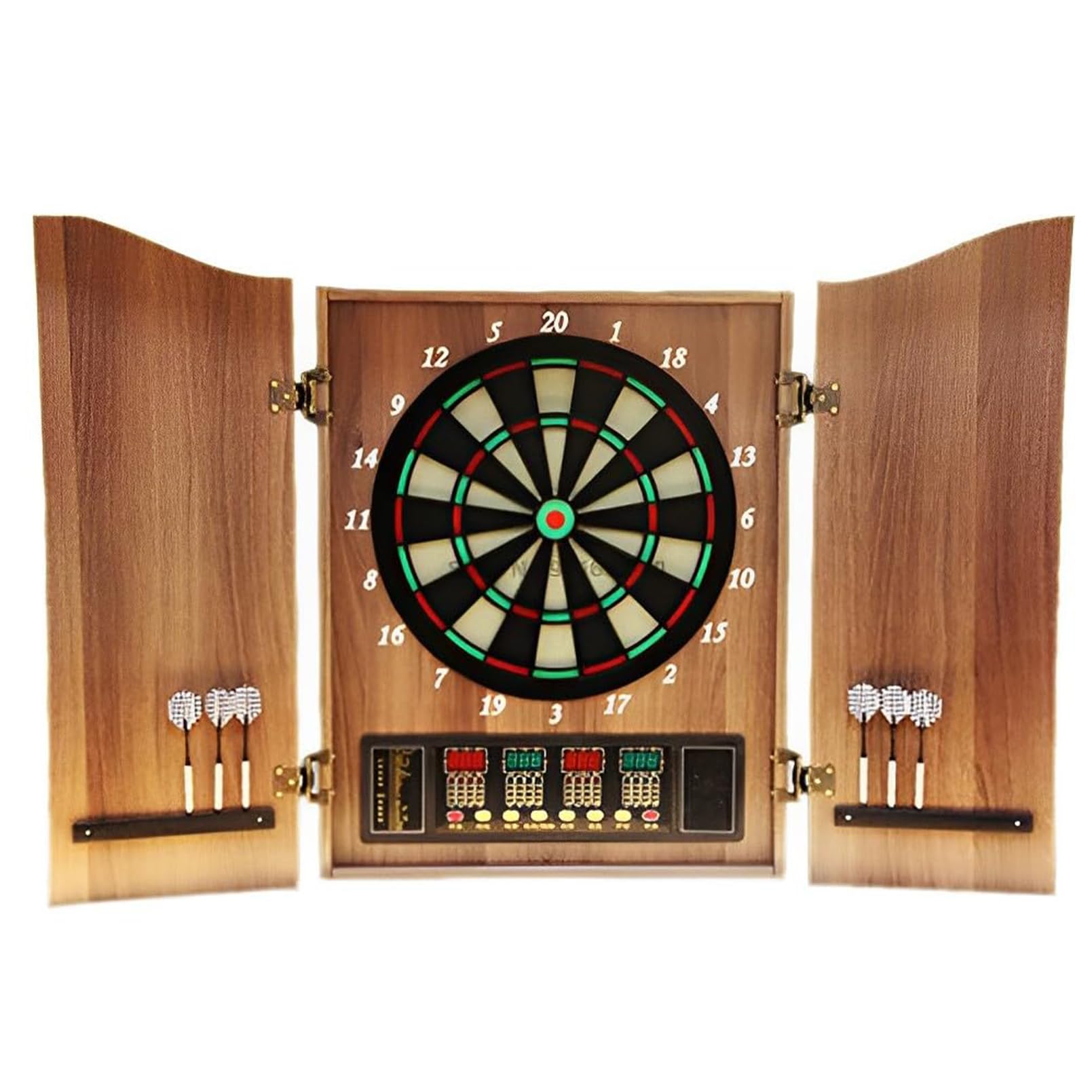 Juego de diana electrónica con pantalla LED y puntuación automática, incluye 12 dardos y 88 puntas suaves, puertas de armario de madera, perfecto para salas de juegos familiares