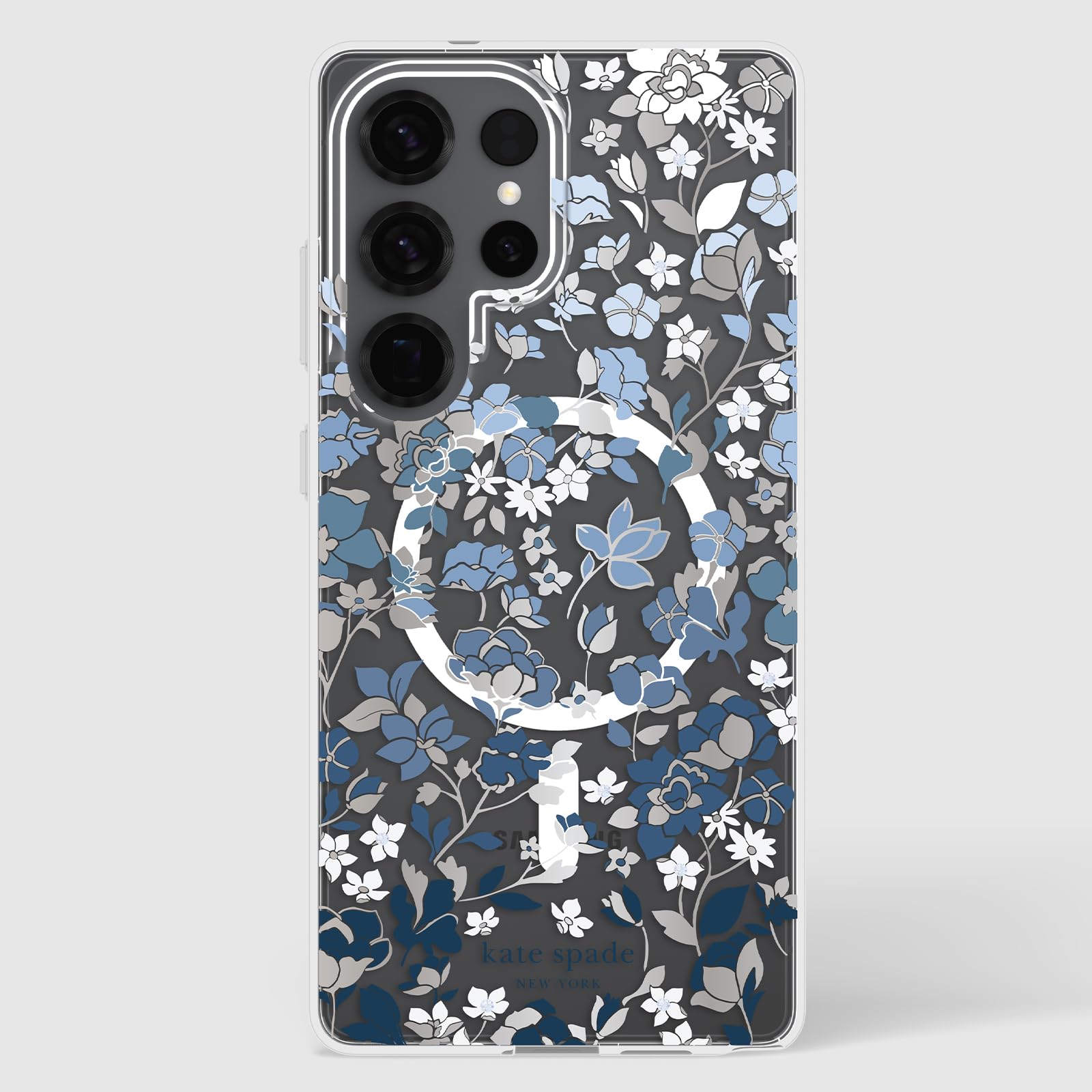 kate spade new york Etui na telefon Samsung Galaxy S25 Ultra - [ładowanie magnetyczne i bezprzewodowe] - designerskie etui na telefon - kwietnik niebieskie kamienie