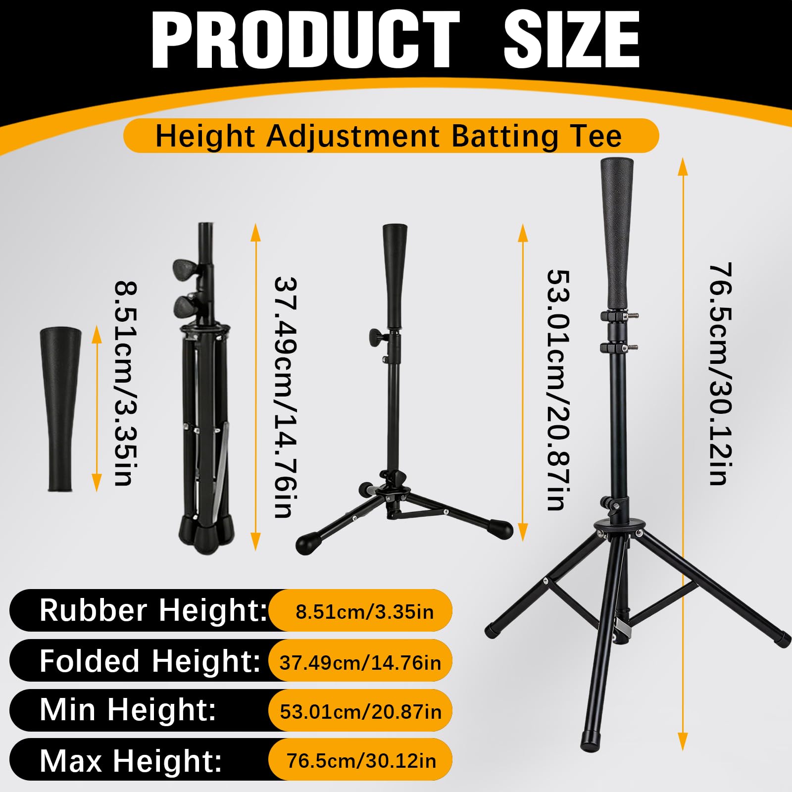 BRGD Noir Tee de Baseball avec Trépied, T-Shirt de Baseball et Softball Portable avec Sac Transport pour Terrains, Stades, Aires de Jeux, Cours Intérieures, Parcs, H : 72 à 121cm