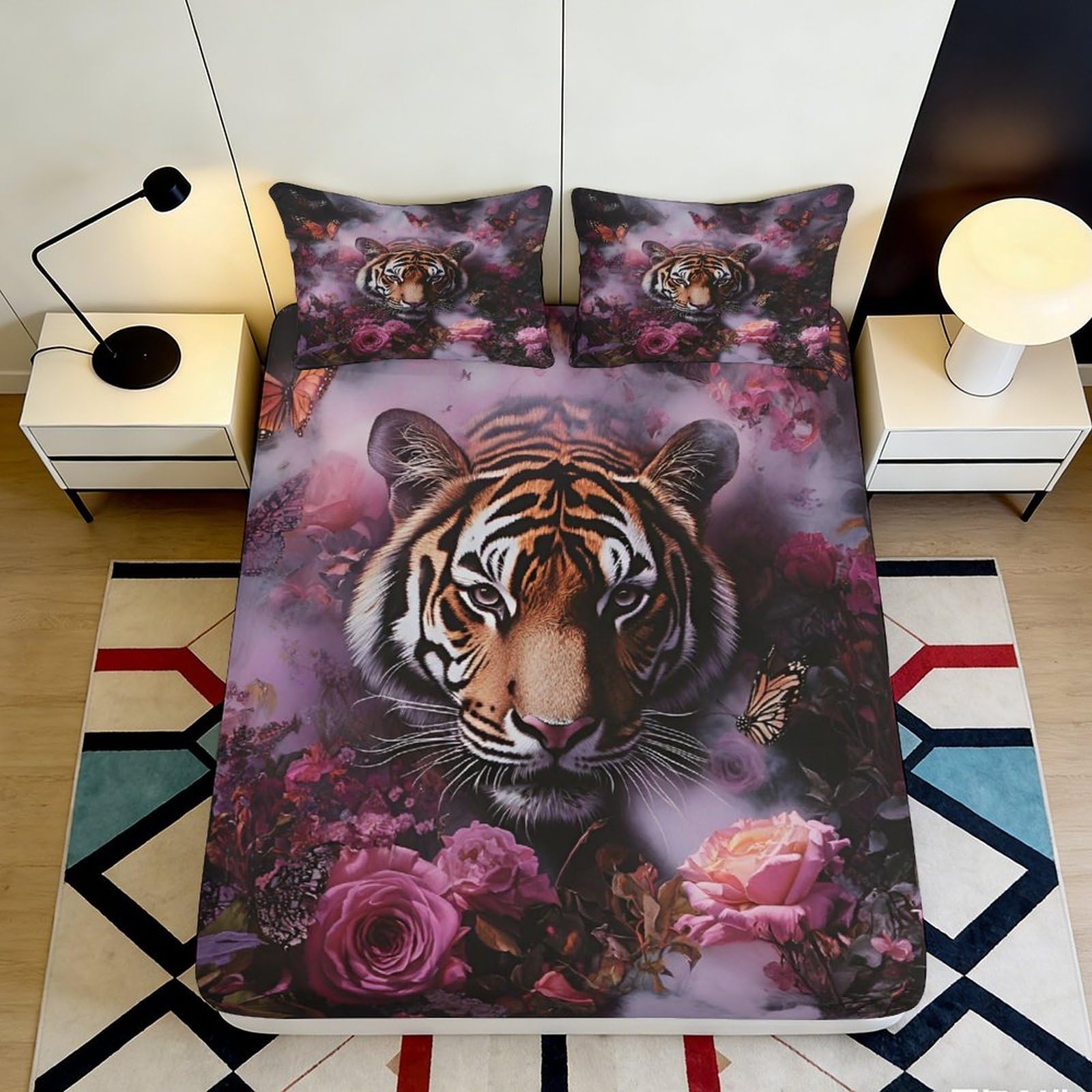 3D Printed Tiger Design Fitted Sheet Microfiber Deep Pocket Non-Slip Bedroom Bedding Tiger Mattress Fitted Cover for Adults Teens 140x200x25cm