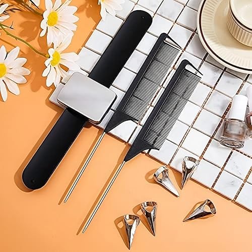Miniatura 7 de Patelai 10 anillos de separación del cabello, 3 piezas de acero de cola de rata, peine para trenzar y pasador de muñeca magnético, herramienta de