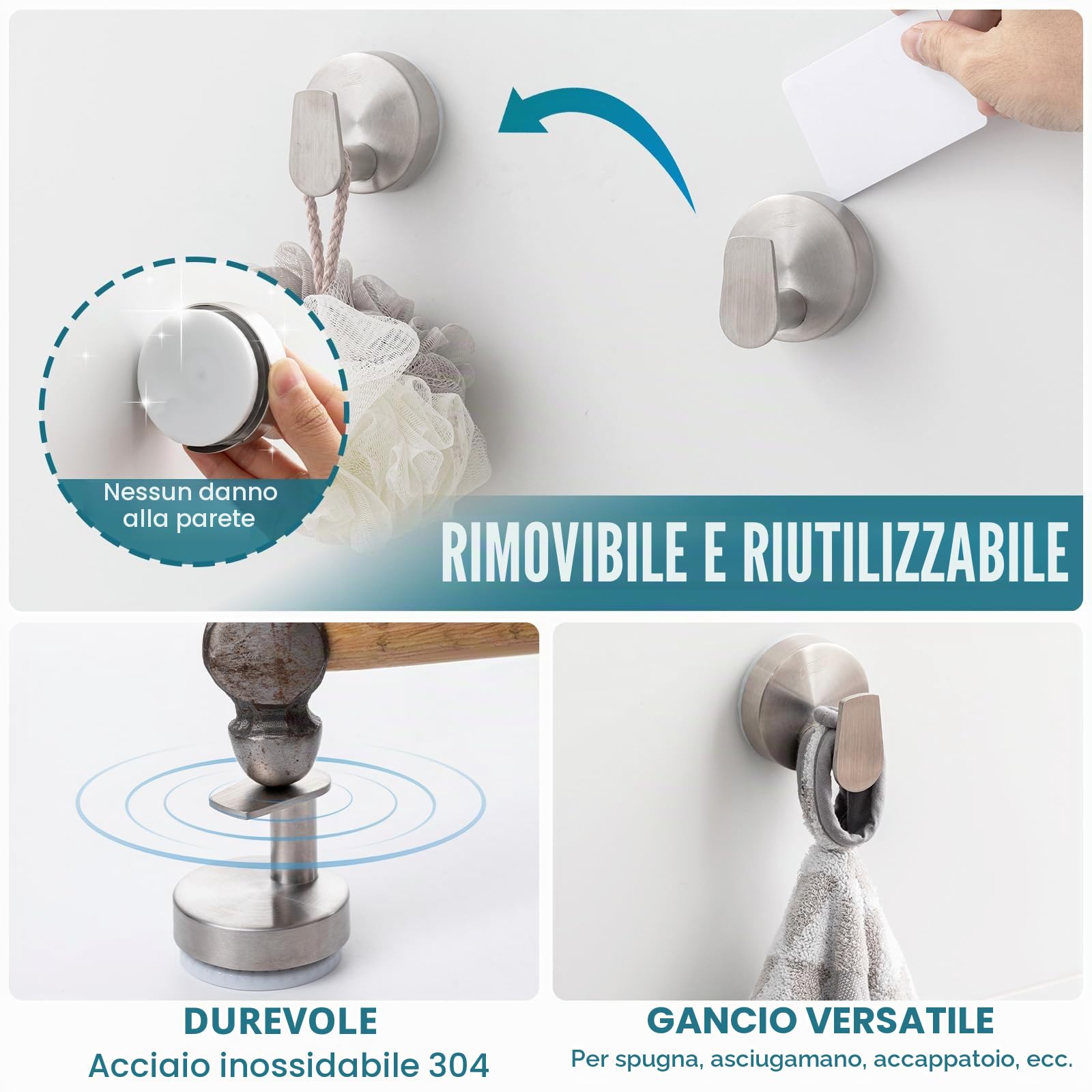 TAILI Ganci per asciugamani da bagno con ventose senza foratura, in acciaio inossidabile, riutilizzabili, ganci per doccia e bagno, impermeabili, resistenti, ganci rimovibili per doccia, cucina