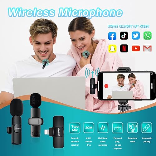 Miniatura 2 de JIUOKAY Paquete de 2 micrófonos inalámbricos de solapa para teléfonos Samsung Galaxy Tab, micrófono de iPhone para grabación de video, entrevista,