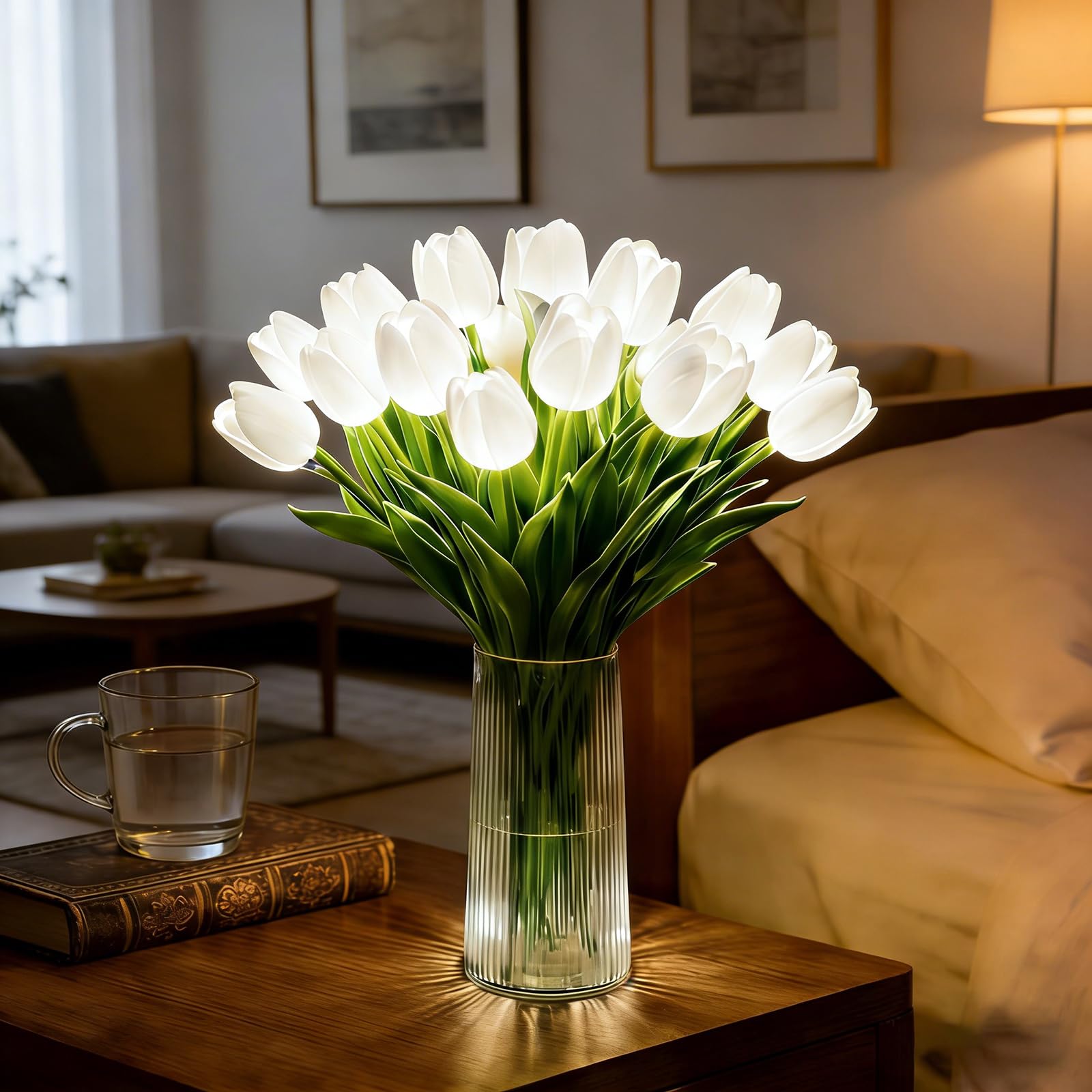 Migoczące tulipany, lampka nocna, 15 szt., tulipan, sztuczne kwiaty z wazonem, roślina LED, świecące kwiaty do dekoracji sypialni, promienne, romantyczne prezenty dla kobiet