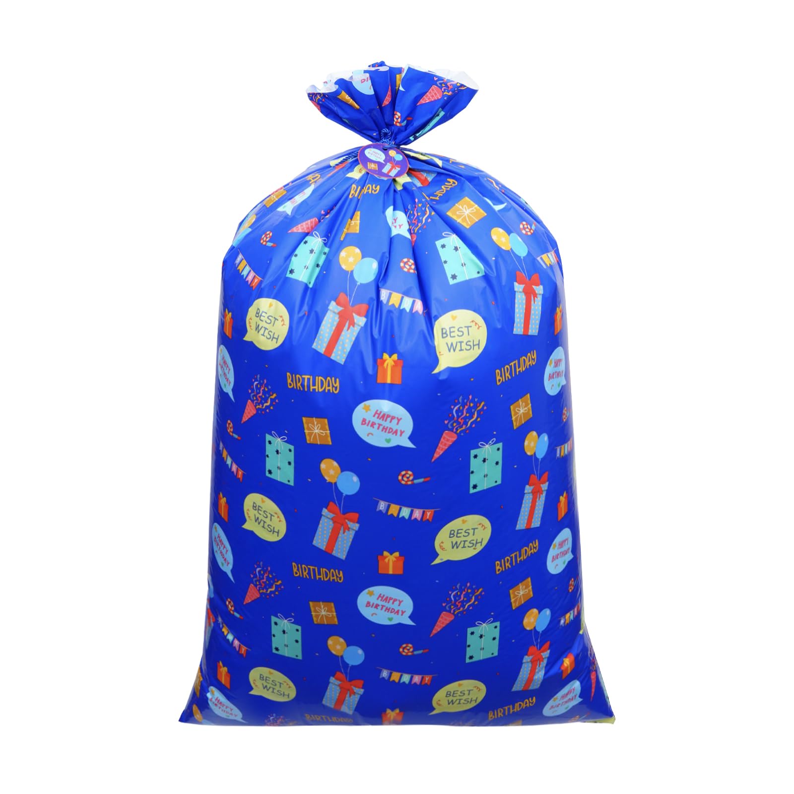 Plauthus 56” Jumbo Plastic Gift Bag, Extra Lager Birthday Gift Bag for Giant Gift (Patterns of Gift Boxes and Greeting Words) for Kids, Boys Teens Birthday (Boy-Blue)