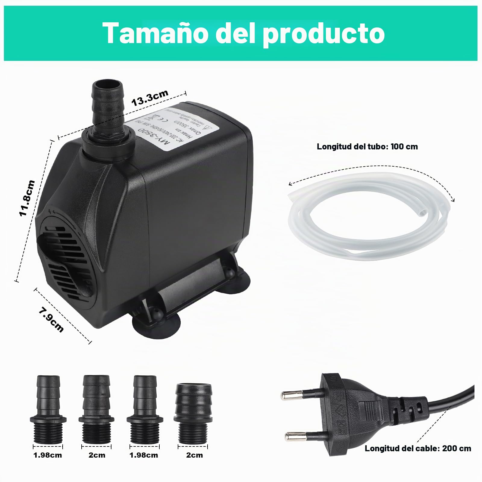 EXLECO Bomba Acuario Sumergible para Aguas Sucias 4500L/H 90W 220V Fuente Exterior Estanque Achique 1 Manguera 4 Boquillas