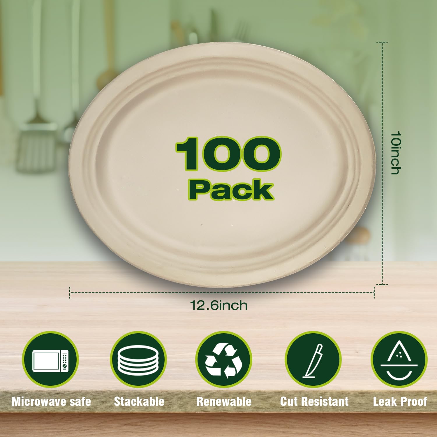 Ginkgo Lot de 100 grandes assiettes ovales en carton jetables très résistantes pour dîner, barbecue, fête, pique-nique et dessert