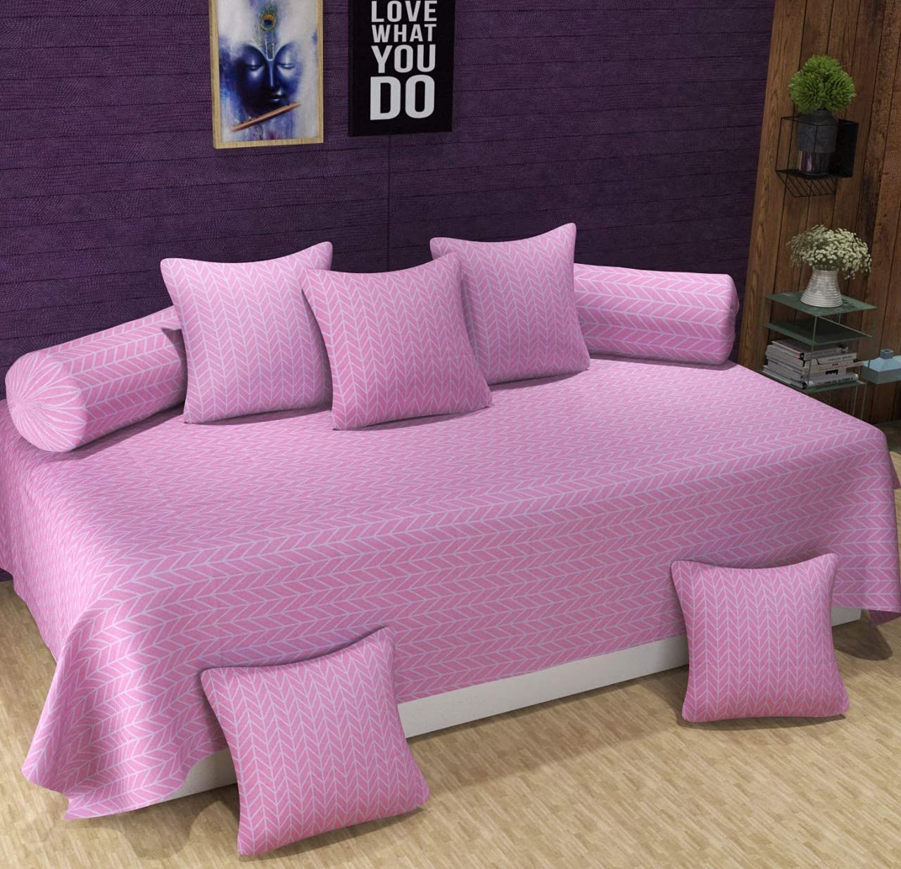 MORADO ® 160 TC Glace Cotton Diwan Set of 8 Pieces (Including 1 Bedsheet, 5 Cushion Covers and 2 Bolster Covers, Pink, Medium Size)-picture-19