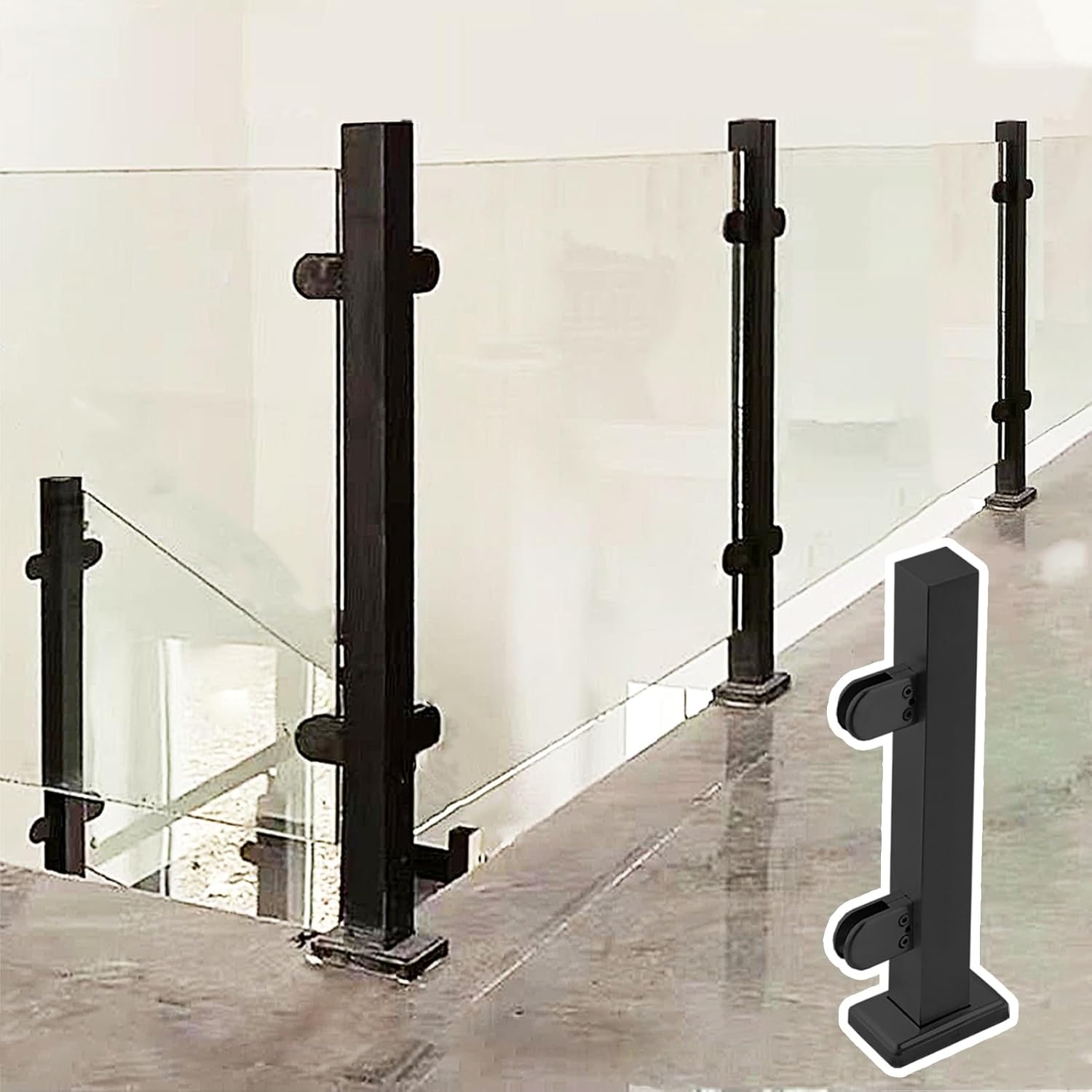 Black Stainless Steel Glass Railing Post 24in-47in, Durable Balcony Balustrade Clamp for Deck, Patio & Backyard, Support Fence Panel Posts (Color: Black, Height: 45.3")