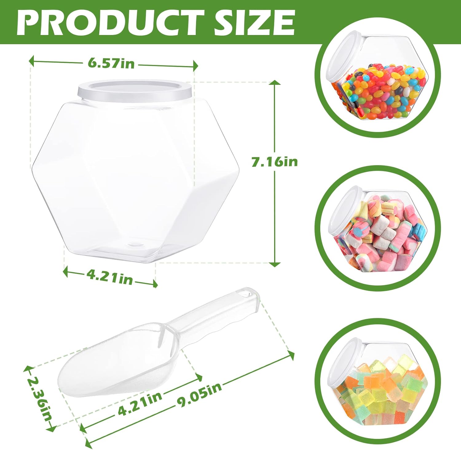 Hoolerry 12 Pcs Plastic Candy Jar with Scoops Set include 6 Hexagon Cookie Jars with Lid for Candy Buffet and 6 Candy Scoops 73 oz Large Storage Jar Clear Food Storage Canisters Kitchen Countertop Jar