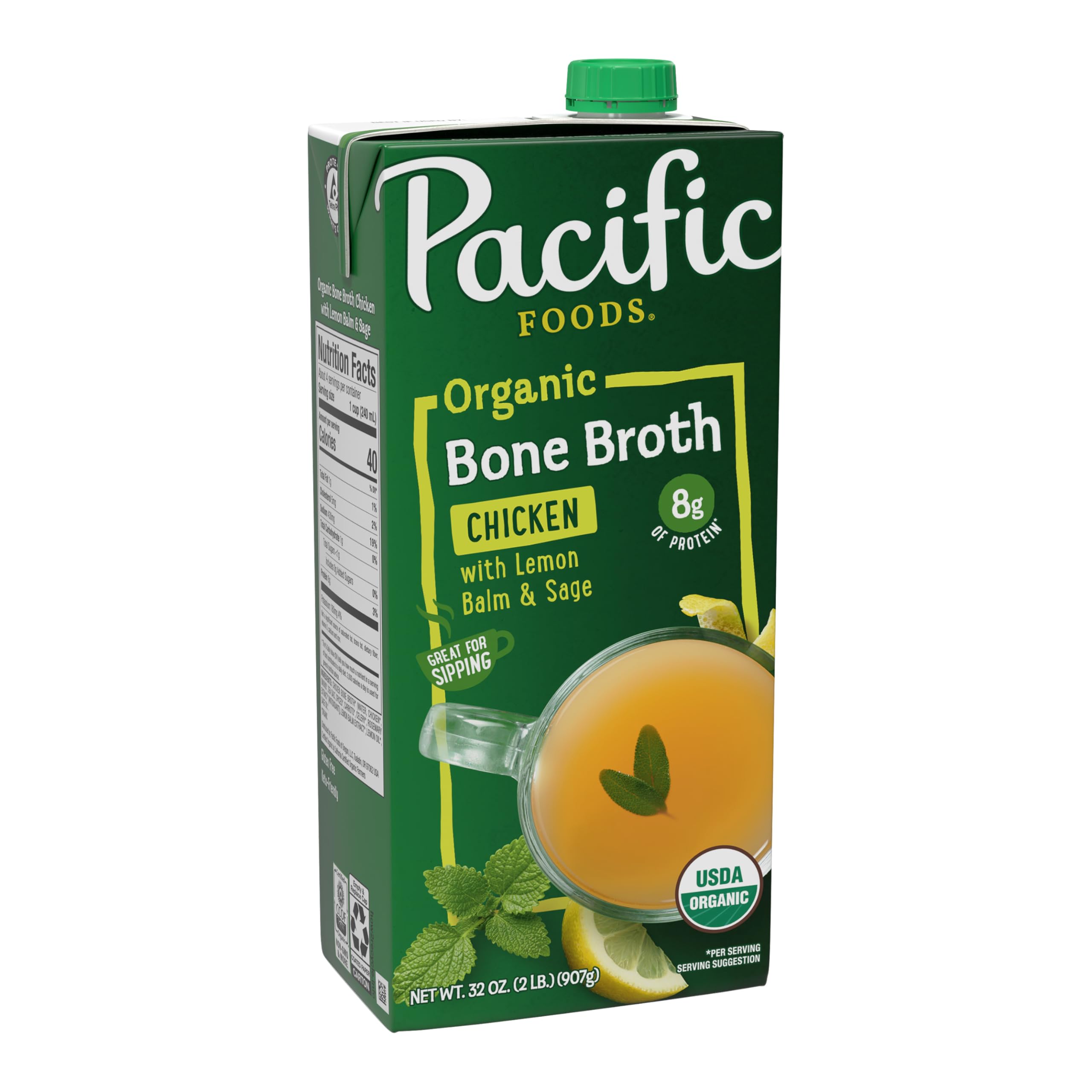 Pacific Foods Organic Chicken Bone Broth With Lemon Balm and Sage, 32 oz Carton