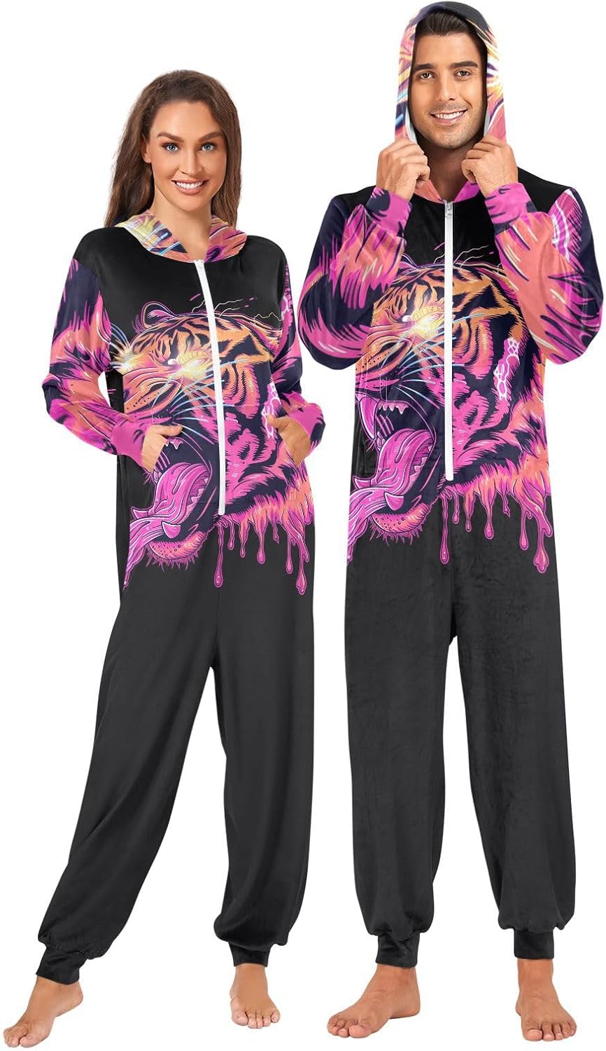 Pink Flying Tiger Head Zipper Hooded Adult Jumpsuit Pajamas with Pockets XS-3XL