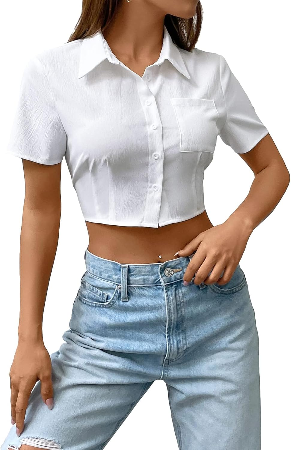 SHENHE Women's Short Sleeve Button Up Shirt Casual Collared Cropped Button Down Top