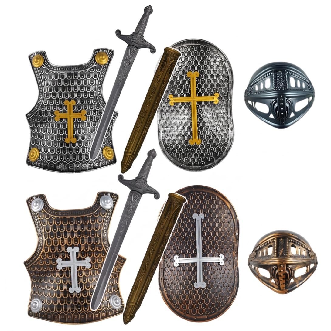 Costume da Cavaliere per Bambini, 2 Set, Kit Armatura, Casco da Cavaliere, Armatura per Casco Costume per Bambini Black OS