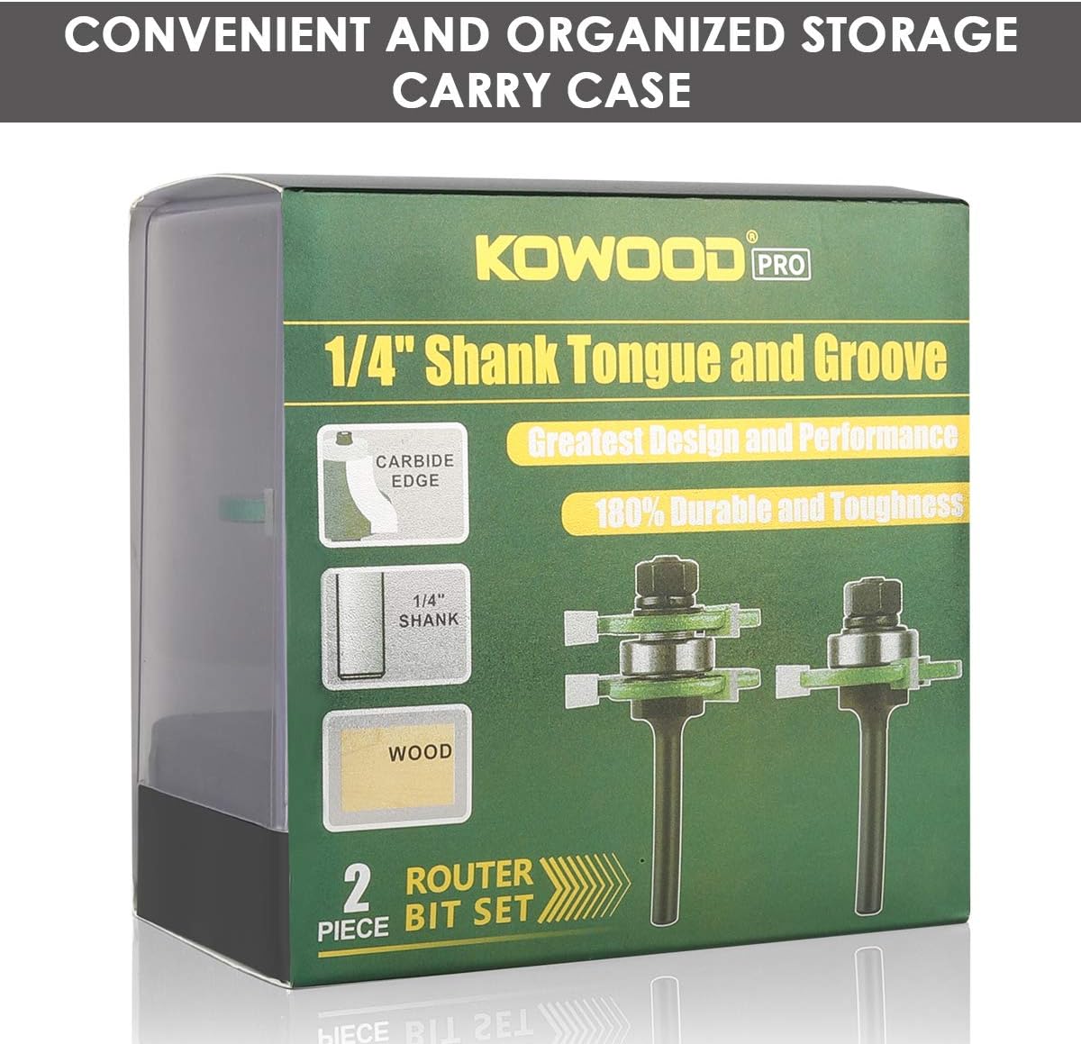 KOWOOD Pro Tongue and Groove Set of 2 Pieces 1/4 Inch Shank Router Bit Set 3 Teeth Adjustable T Shape Wood Milling Cutter