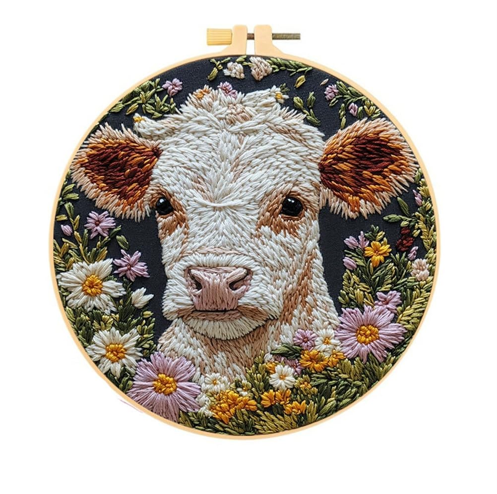 Meecaa White Cow Animal Flower Embroidery Kit Starter Set, Hand Embroidery Set,Pattern Printed Cross Stitch Set for Beginner Adults, with Embroidery Hoop and Instructions (White Cow)