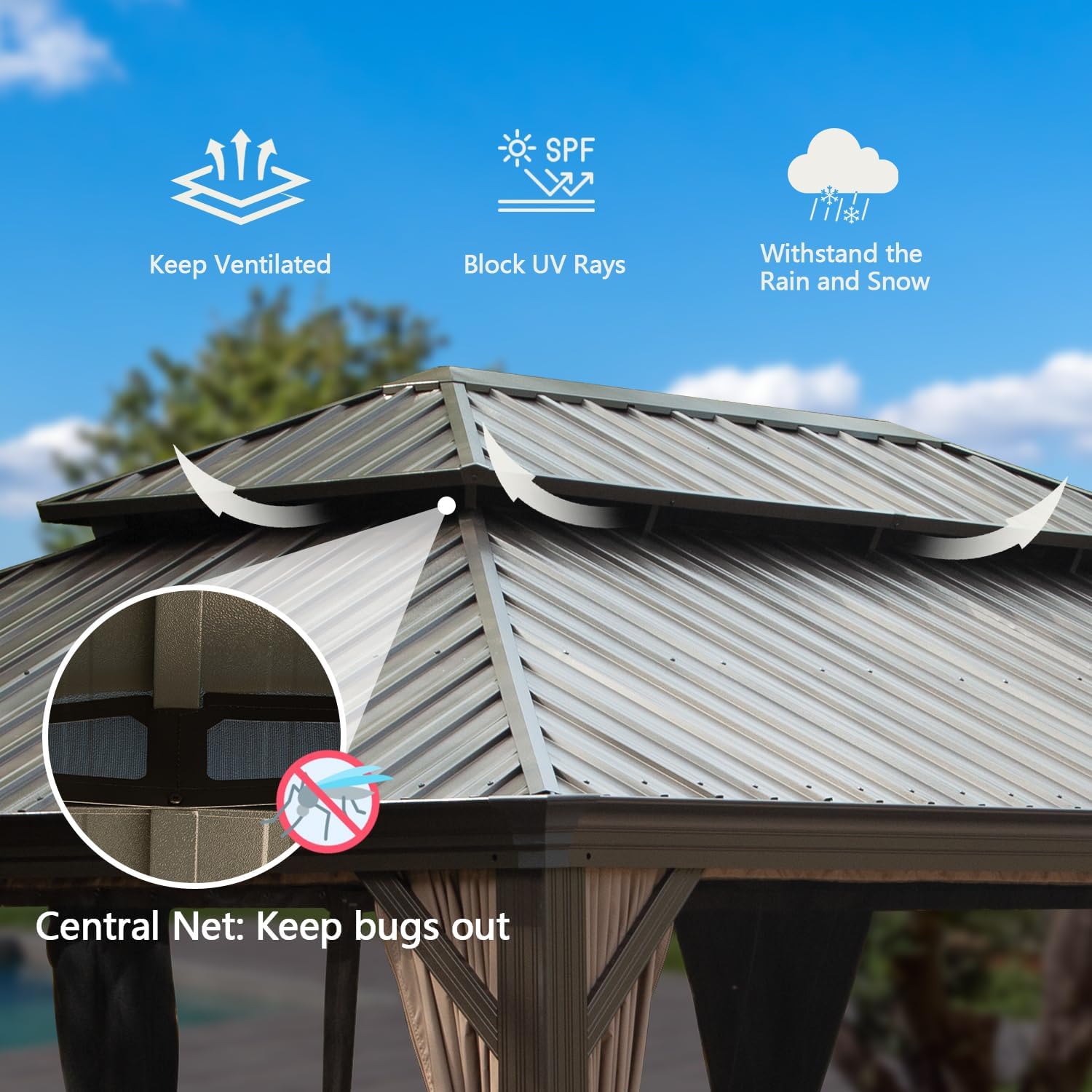 Domi Hardtop Gazebo 14x20FT, Outdoor Gazebo with Galvanized Steel Double Roof, Aluminum Frame, Built-in Gutter System, Curtain and Netting, Metal Gazebo Pavilion for Patio Deck Garden, Brown