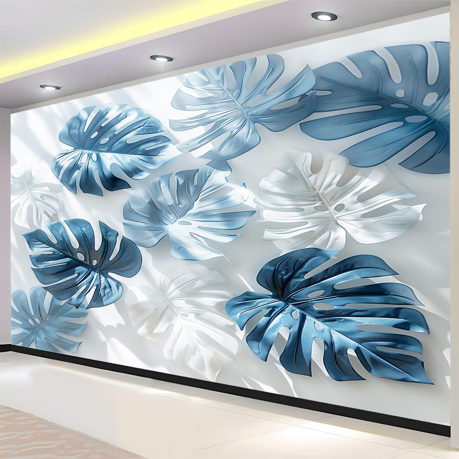 Fototapeta monstera liście niebieskie tapety murale na ściany, dzieci sypialnia przedszkole mural ścienny dekoracja ścienna papier plakat szer. 400 x wys. 280 cm