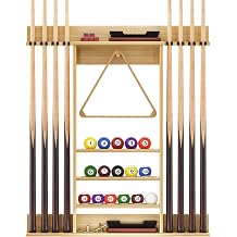 Wall Mounted Pool Cue Rack, Bamboo Billiards Sticks Holder for 8 Cue Sticks, Organizes Full Set of Balls and Pool Table Accessories