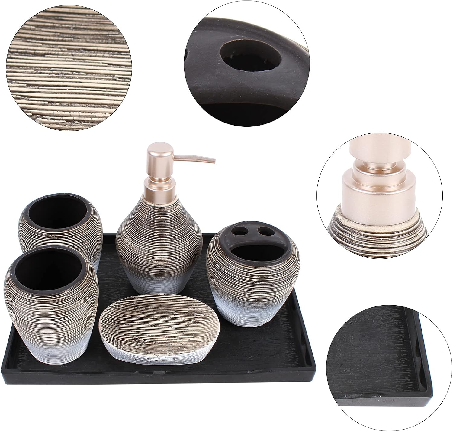 Ceramic Bathroom Set, Lotion Dispenser with Tray Soap Dish Toothbrush Holder Gargle Cups, 5 Pieces Bathroom Accessories for Home Hotel Salon