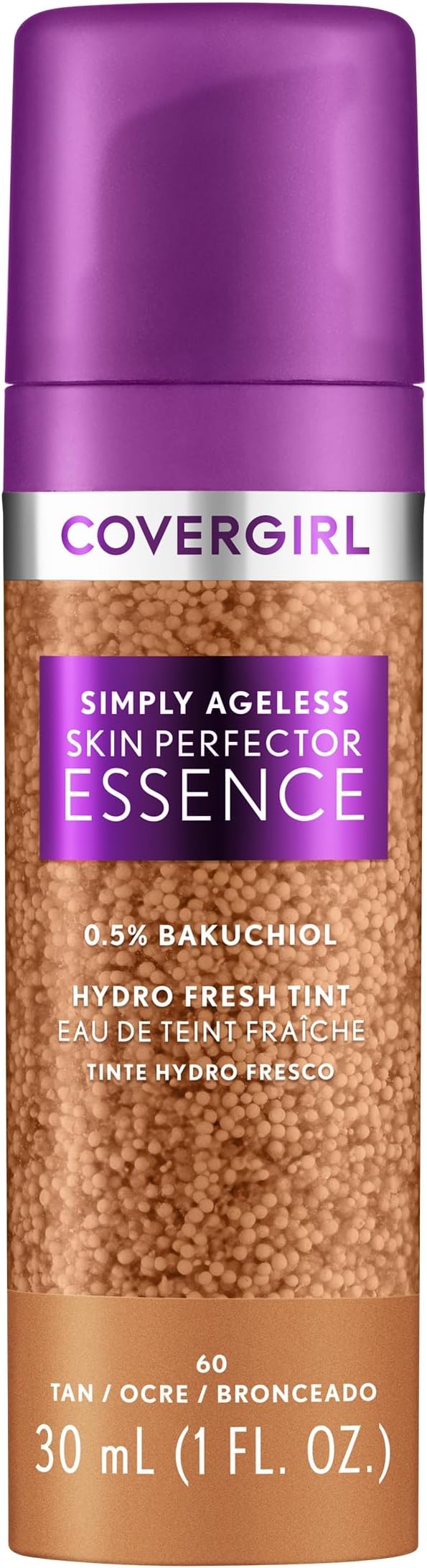 Covergirl Simply Ageless Skin Perfector Essence Foundation, 60 Tan, Tinted Perfector, Skincare Makeup Hybrid, Sheer Tint, Radiant Finish, Skin-Like Vegan Formula, 1.0Oz