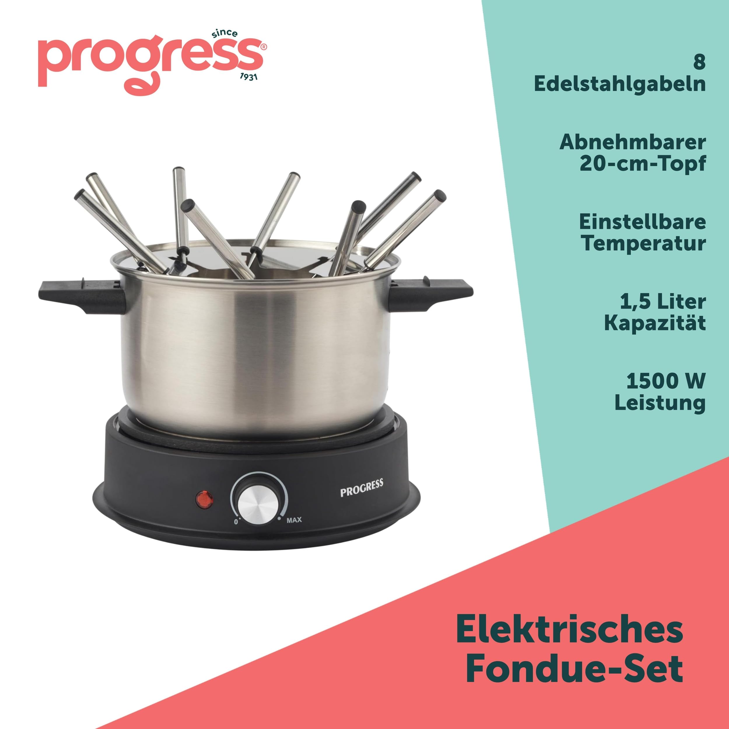 Progress Elektrischer Fondue-Maker 1500W 1,5L Edelstahlgabeln 20cm Topf