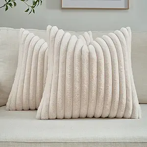 FUTEI Beige Striped Decorative Throw Pillow Covers 18x18 Inch Set of 2,Square Fall Decorations Couch Pillow Case,Soft Cozy Faux Rabbit Fur & Velvet Back,Modern Home Decor for Bed