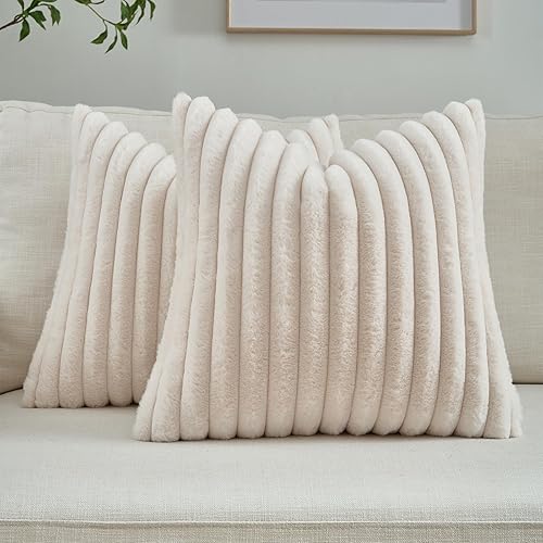 FUTEI Beige Striped Decorative Throw Pillow Covers 20x20 Inch Set of 2,Square Winter Decorations Couch Pillow Case,Soft Cozy Faux Rabbit Fur & Velvet Back,Modern Home Decor for Bed