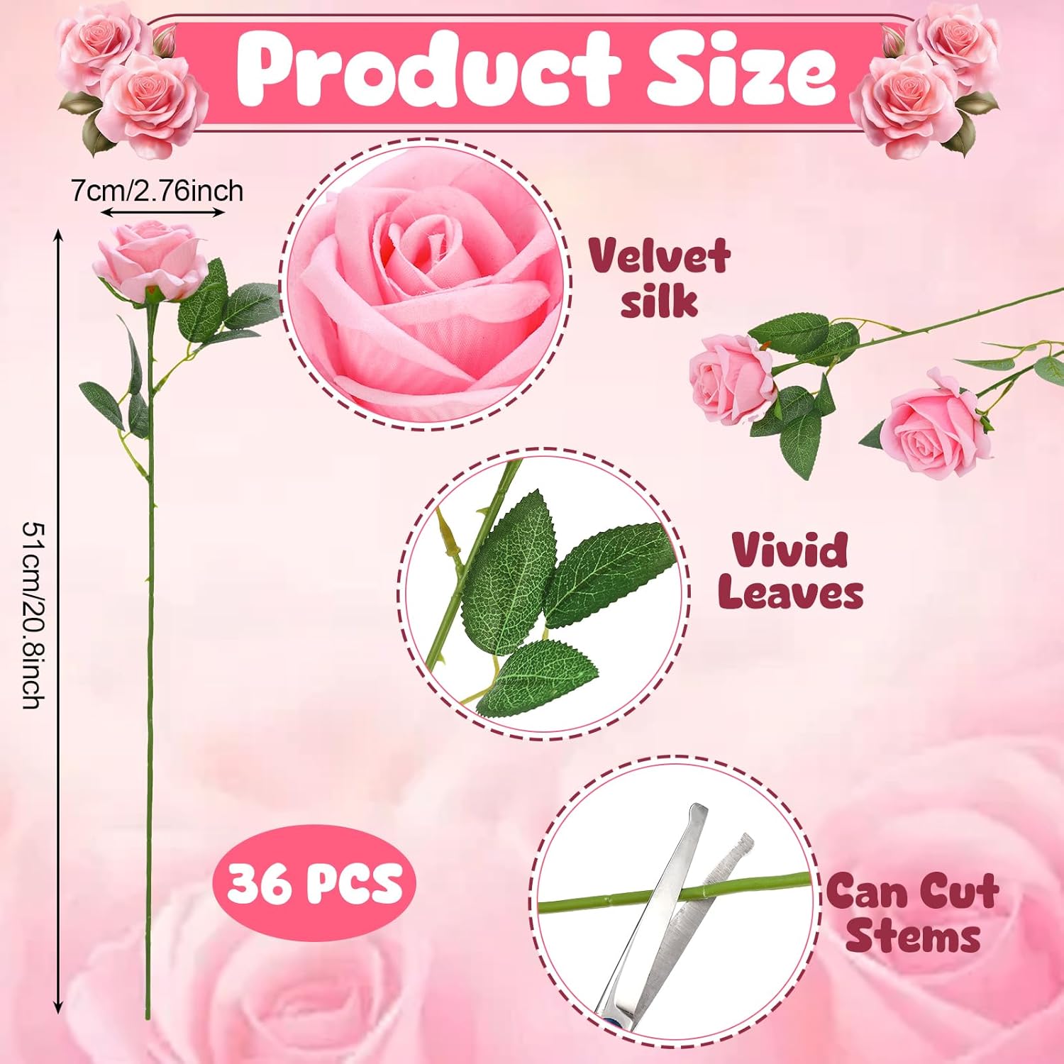 36 Pcs Pink Velvet Texture Soft Artificial Flowers Bridal Bouquet, Real Touch Fake Rose Long Stem Realistic Flowers Bulk for DIY Wedding Ball Arrangement Centerpiece Party Home Decor - Image 3