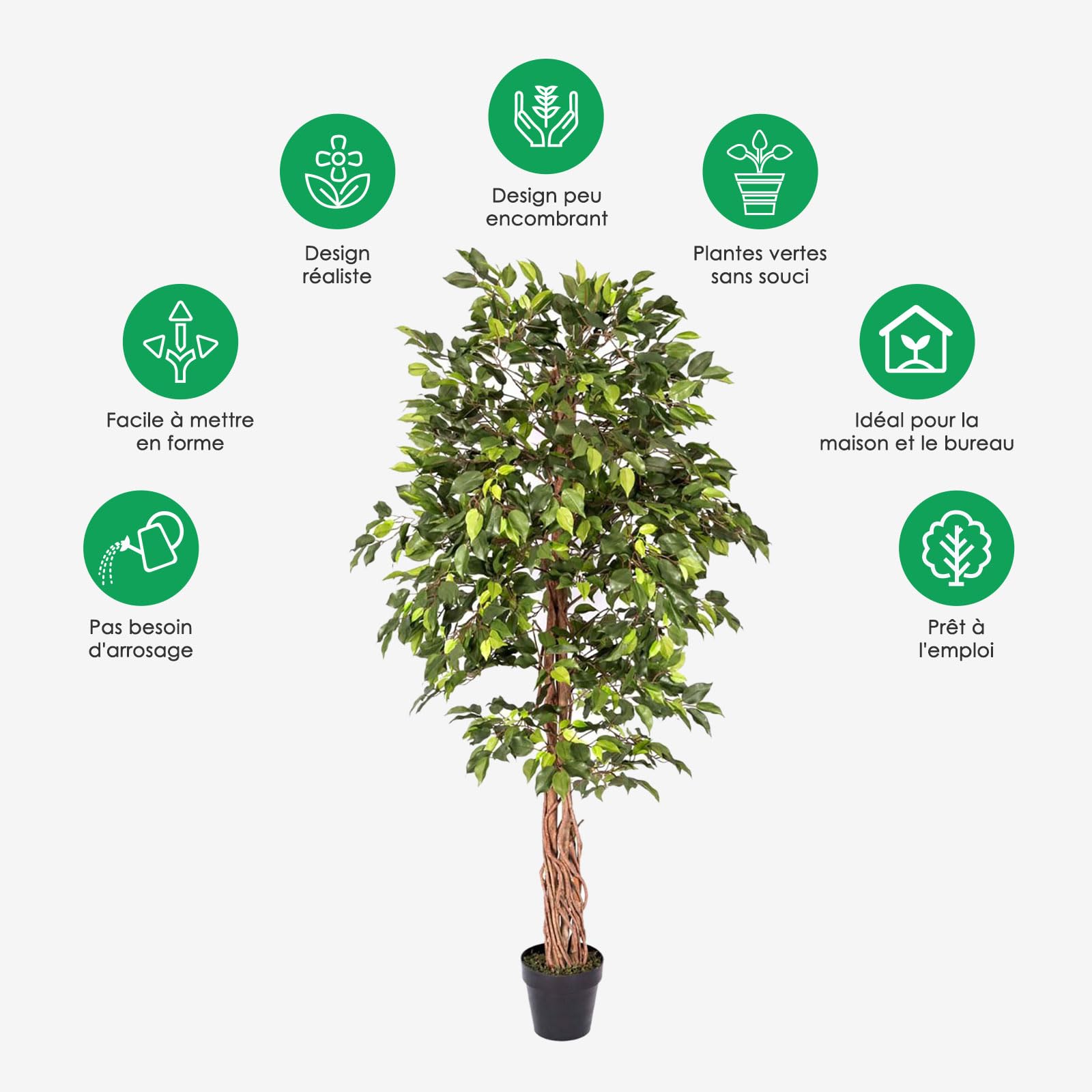HOMESCAPES Plantes Artificielles Interieur, Ficus Benjamina Plante Artificielle, 180cm, Fausse Plante Interieur, Arbre Artificiel, avec Tronc en Bois véritable, Maison Balcon Déco (1 Pack)