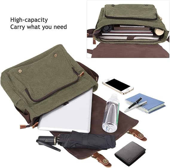 S-ZONE Men's Messenger Bag Crossbody Shoulder 14-17.3Inch Laptop Vintage Canvas Briefcase Satchel for Work School Traveling Daily Use Multiple Pocket