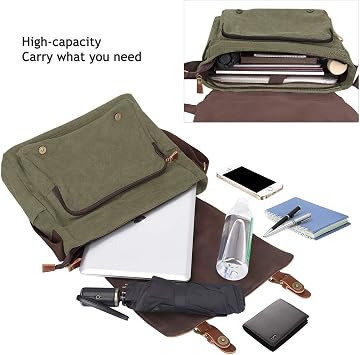 S-ZONE Men's Messenger Bag Crossbody Shoulder 14-17.3Inch Laptop Vintage Canvas Briefcase Satchel for Work School Traveling Daily Use Multiple Pocket