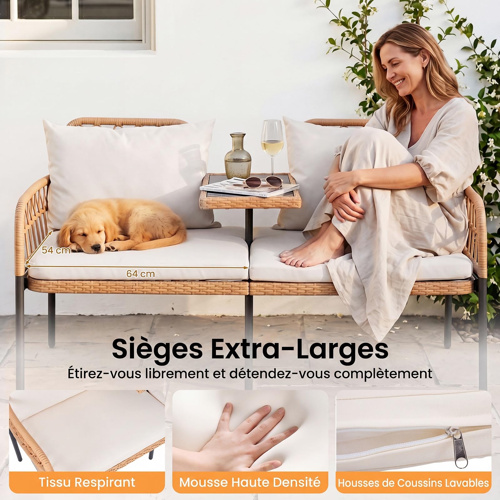 COSTWAY Banc de Jardin en Rotin PE avec Coussins & Table, Canapé de Jardin 2 Places, 5 Pieds en Métal, Patins Réglables, Banquette pour Balcon Terrasse, Charge 150 kg par Siège, 137 x 64,5 x 84 cm