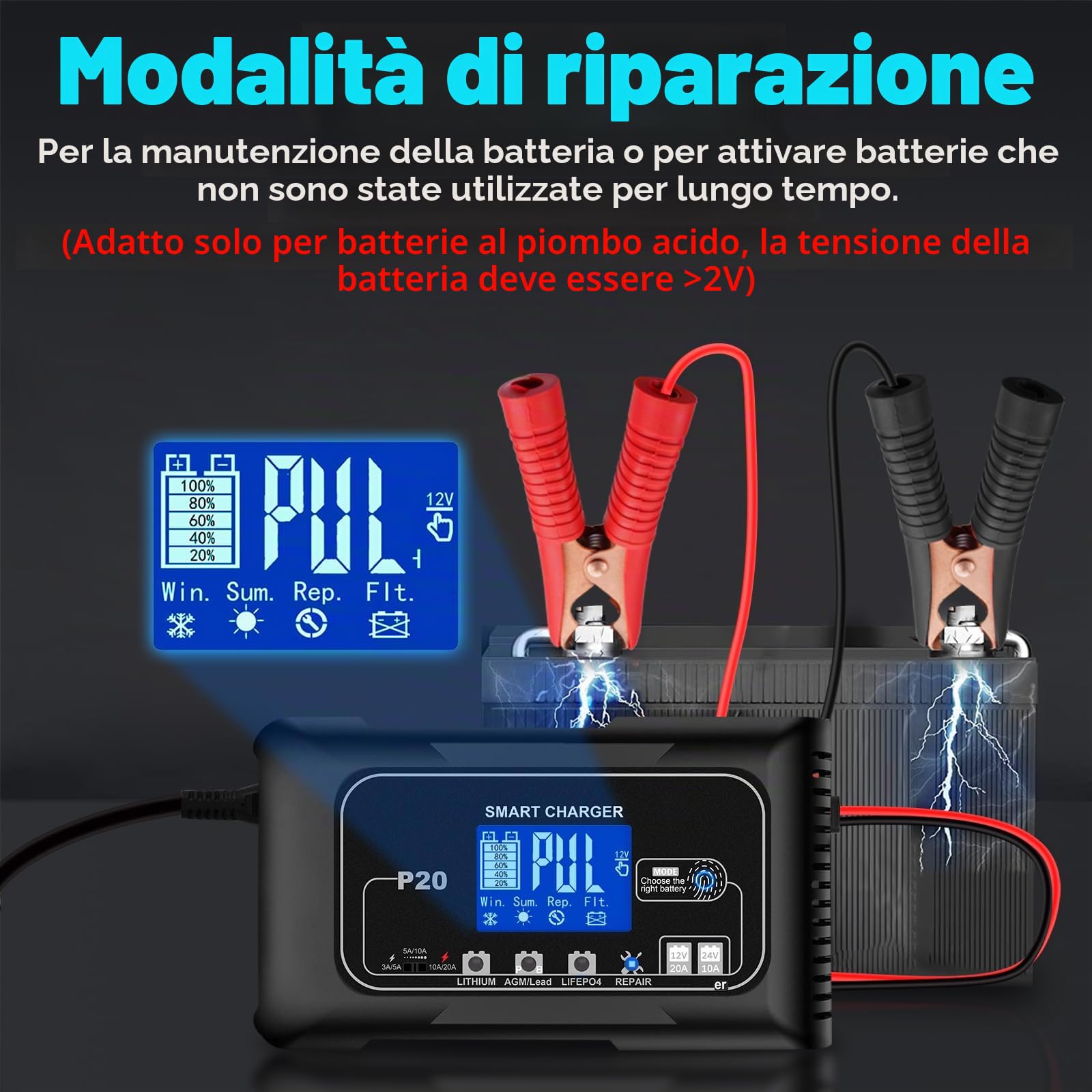 HTRC Carica Batteria per Auto 20A, caricabatterie auto 12V/20A ＆ 24V/10A, Caricatore Batteria Auto, Carica Batteria Auto per Barche SUV Litio, LiFePo4 e Piombo Acido(AGM, GEL, MF, EFB, SLA, WET)