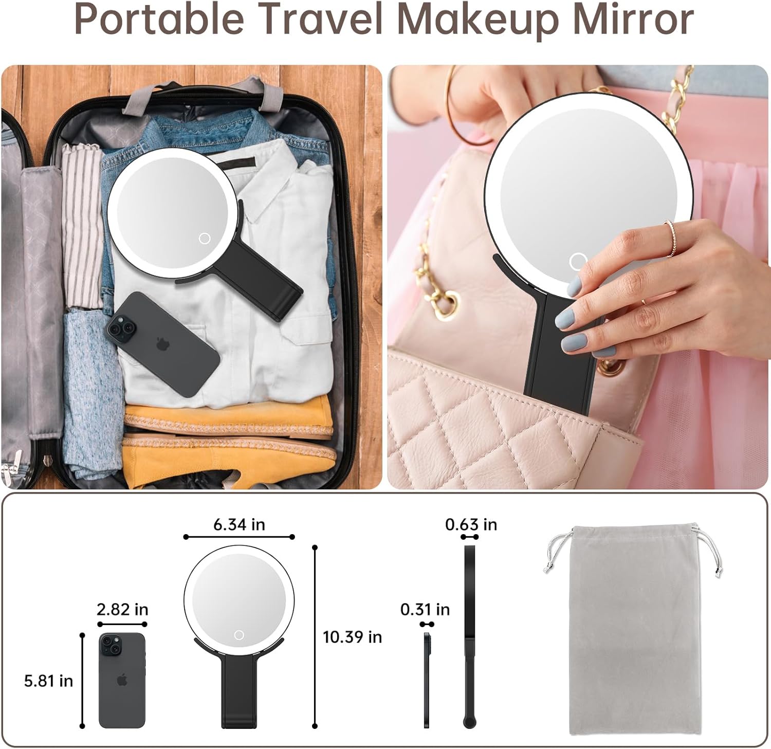 Travel Makeup Mirror with Light, Double Sided 10X /1X Magnifying Mirror with Light, Rechargeable Portable Lighted Beauty Mirror, 3 Color Lighting Dimmable Touch Screen,Hand Mirror Hanging Tabletop