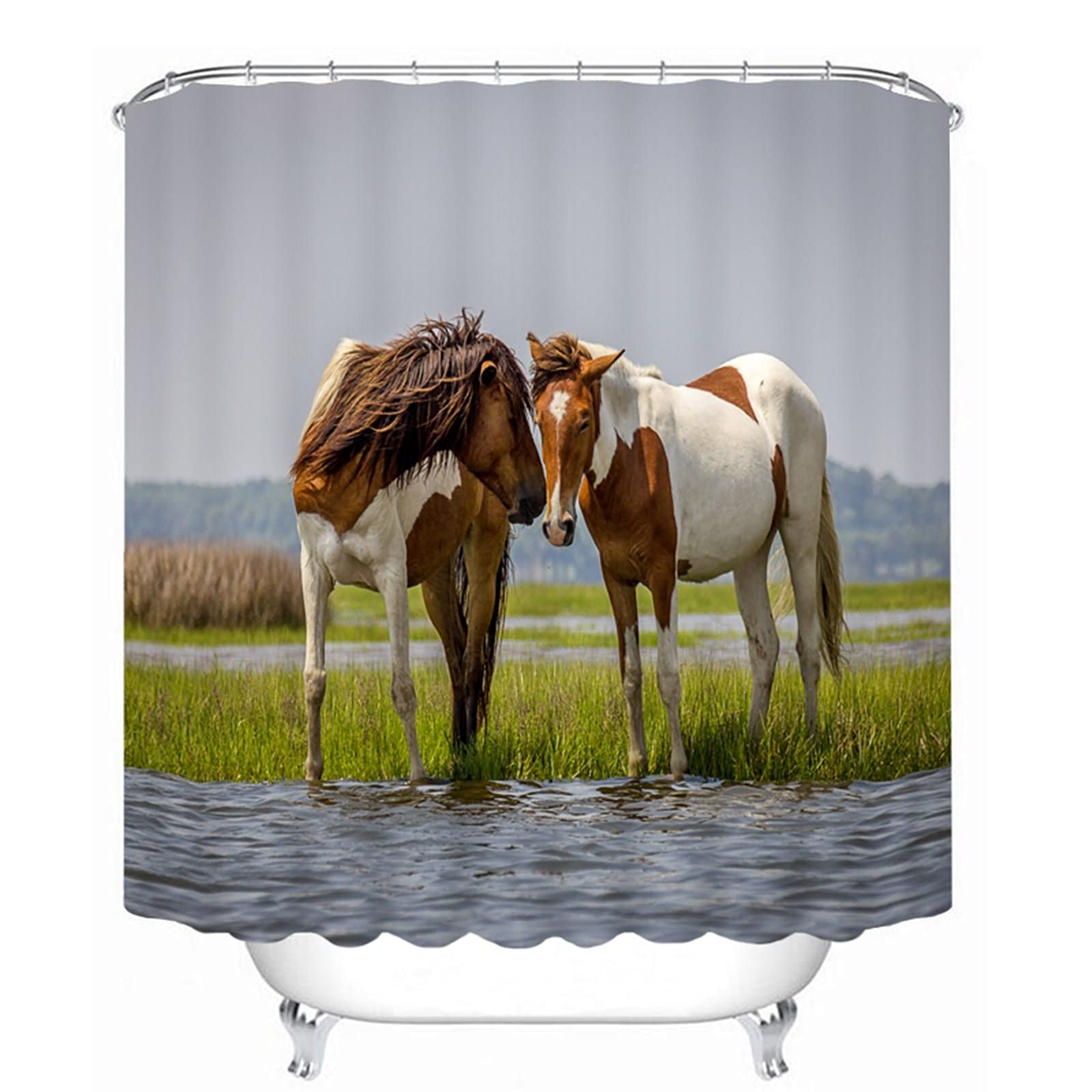 Rideau de douche japonais KnSam en tissu lourd 120g avec motif chevaux 3D haute définition